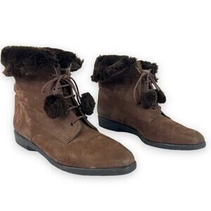 Bally brown suede leather fold over shearling lace up pom ankle boots size 7.5